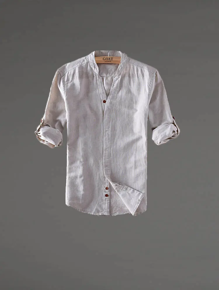 Camisa de lino Manga Larga Beige cuello en V