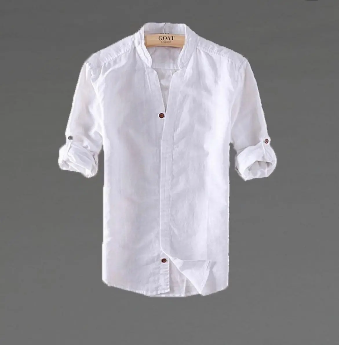 Camisa de lino Manga Larga Beige cuello en V - Image 2