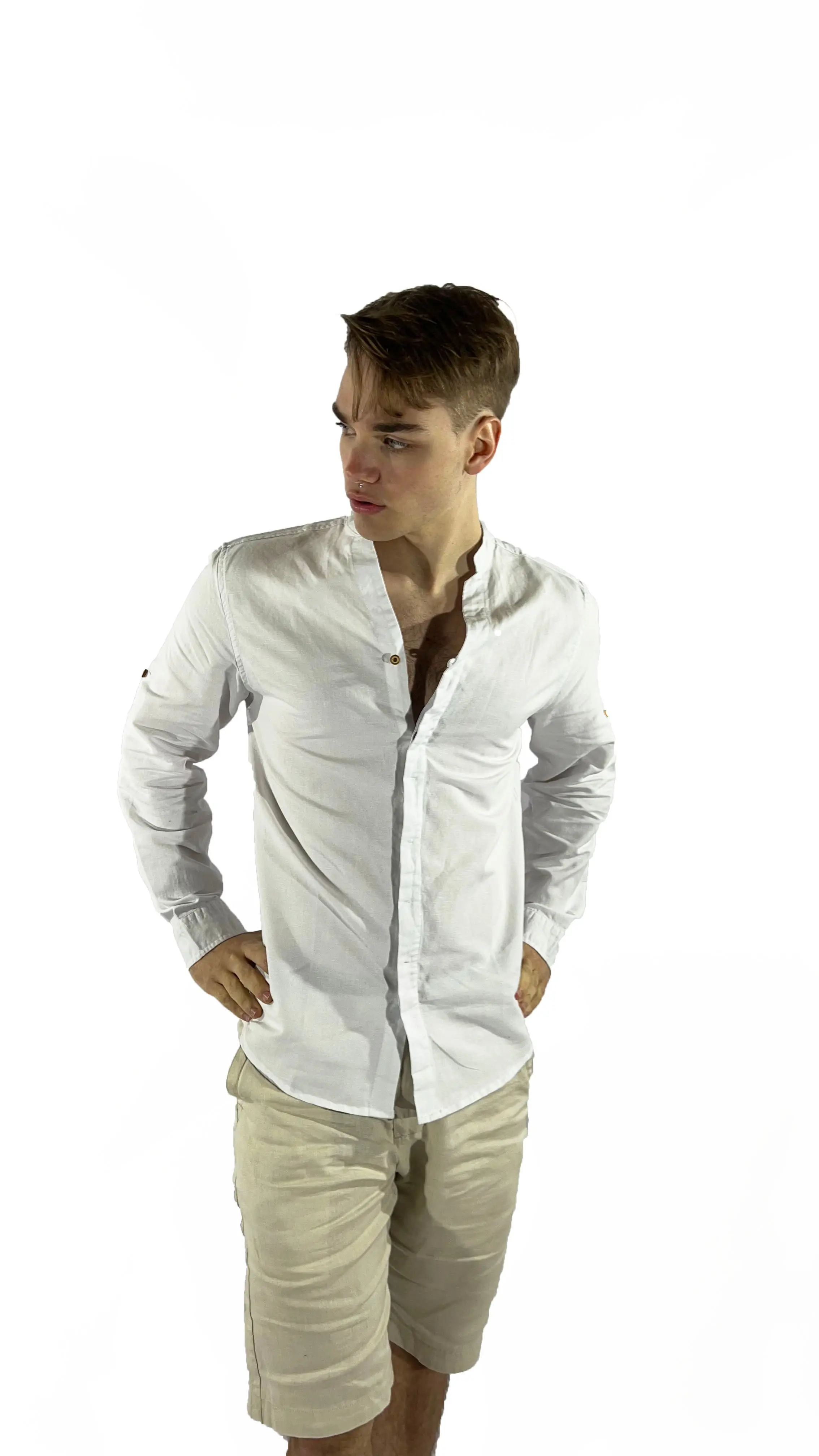 Camisa de lino Manga Larga cuello en V - Image 9